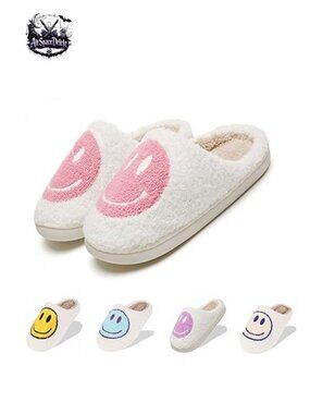 Fuzzy Plush Happy Face House Slippers Memory Foam Slip-On